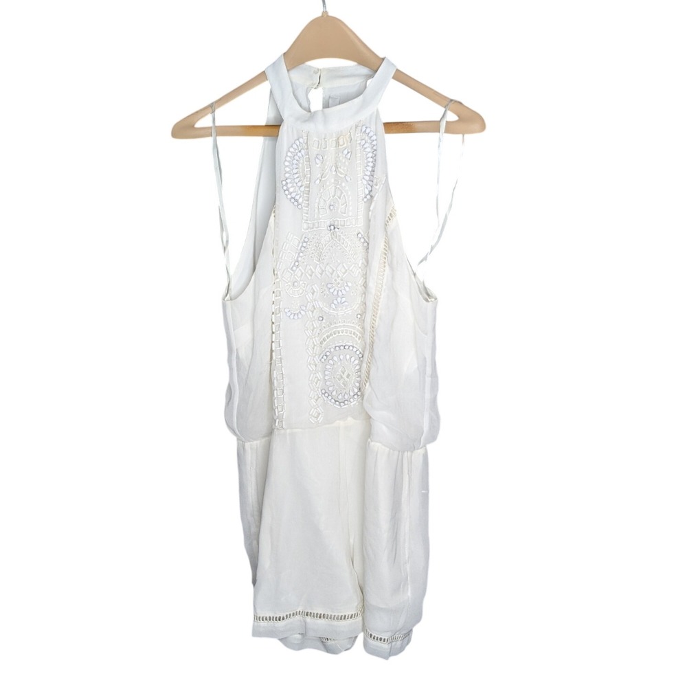 Lovers + Friends White Beaded Embellished Halter Shift Dress Size L Boho Resort